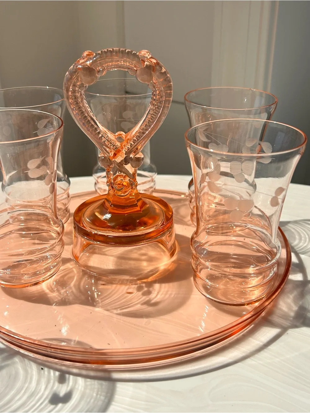 Anchor Hocking Mayfair Bridge Poker tray Tumbler set 1930s pink depression glass